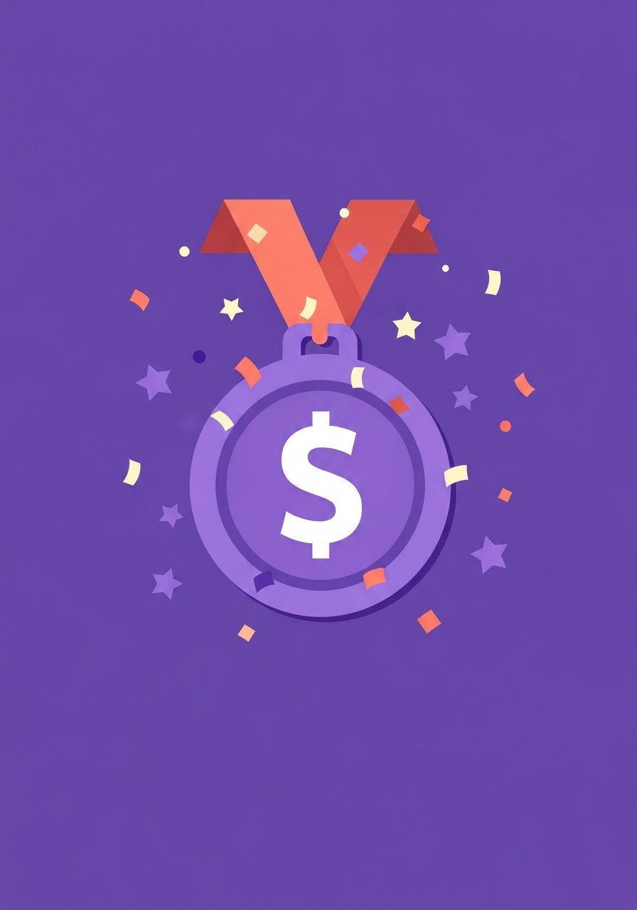 A purple medallion coin with a dollar sign — celebrating your savings